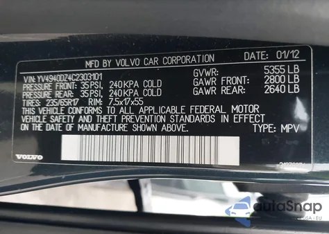 2012 Volvo Xc60 3.2/3.2 Platinum/3.2 Premier/3.2 Premier Plus из США, поврежденный, VIN YV4940DZ4C2303101